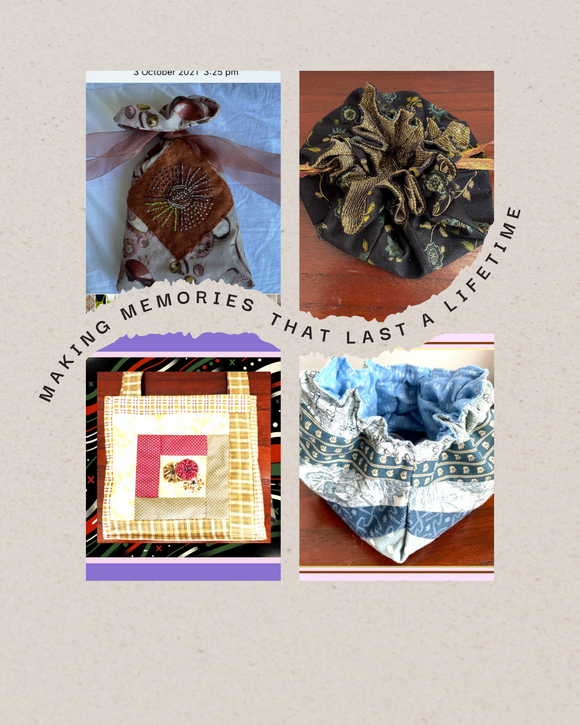 Four bags three are different types of pouches and one tote bag with 'Making memories that last forever