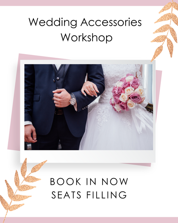 Wedding accessories workshop with book now seats filling with a picture of a bride holding pink flowers and groom on a white background