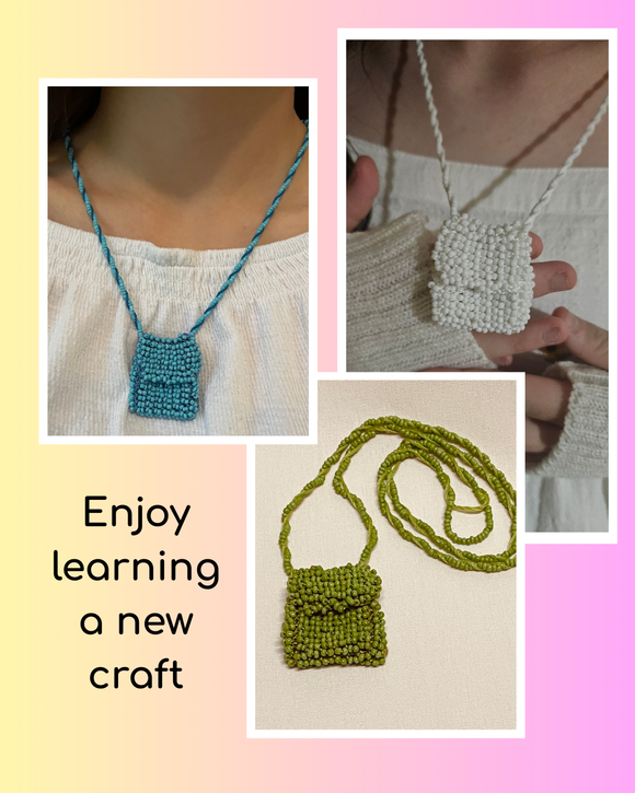 Person wearing a blue beaded bag necklace, one with a white beaded bag necklace and a green beaded bag necklace, writing with enjoy learning a new craft on a graded pink background