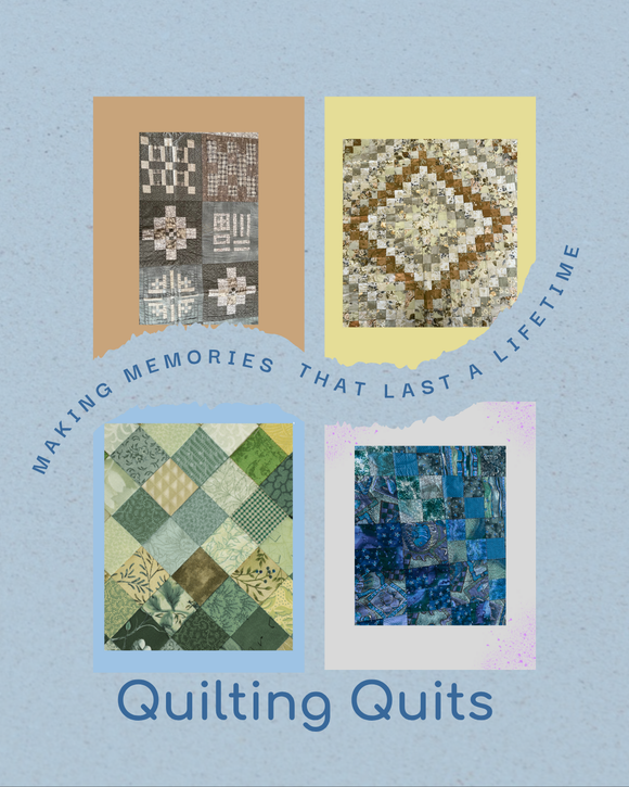 display of patchwork quilts in browns and blue  shades colourful on a pastel blue background
