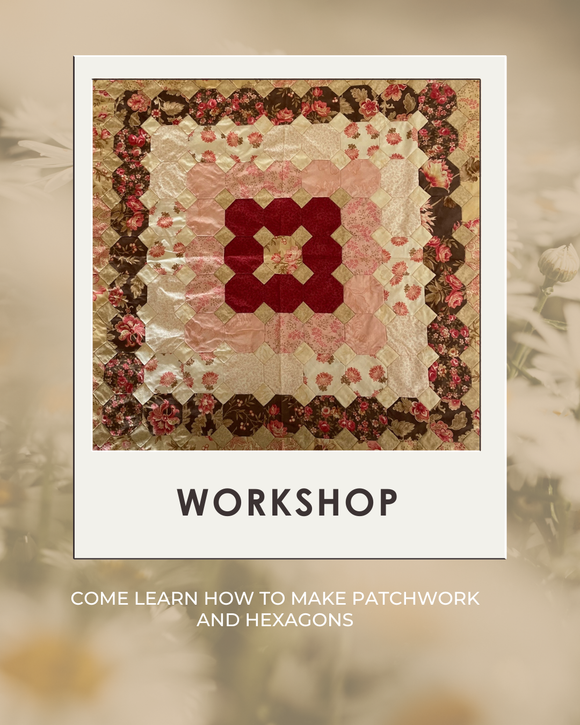 Hexagon Quilt in pinks, creams and browns Workshop with Come Learn how with Patchwork and Hexagon on a misty background