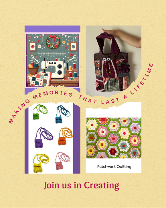 DIY Craft Kits showing sewing machine, hand and bead work, a nicely made bag, a colourful grandmother's garden quilt and writing that says 