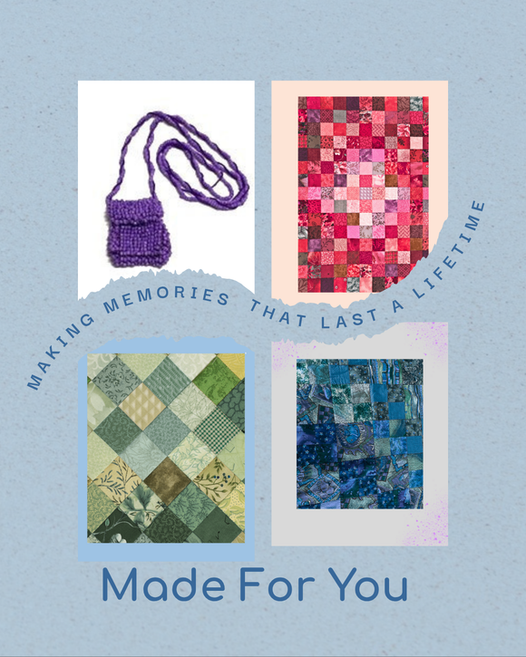 Purple beaded bag necklace, pink patchwork quilt, grey and blue tone patchwork quilt and blue quilt with 