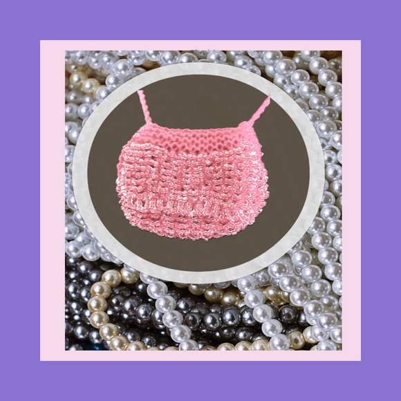Miniature Beaded Bag Collection showcases Grace's Handmade Knit & Bead Money Bag Necklace - Charlotte and Grace
