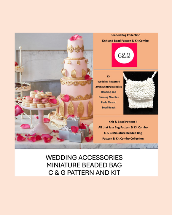 Wedding-themed product displaying a bead knitted bag necklace on a light pink background.