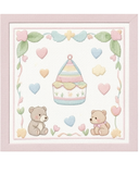 Cross-stitched design with teddy bears, a colorful baby crib, and decorative elements on a white background.