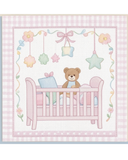 Illustration of a baby crib with teddy bear and colorful stars on a checkered background