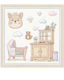 Cross-stitched baby room scene with a crib, dresser, and toys.
