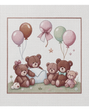 Cross-stitched design of teddy bears with balloons and ribbons