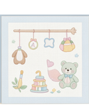Cross-stitched design of baby toys and a teddy bear on a white background with a blue border.