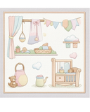 Cross-stitched baby room scene with crib, toys, and furniture.