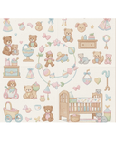 Baby-themed wallpaper with teddy bears, cribs, and toys on a white background