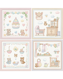 Set of four framed illustrations of a baby's room with teddy bears and nursery elements.
