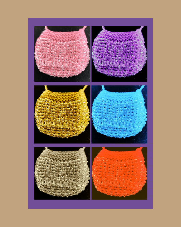 Six colorful bead knitted bags arranged in a 2x3 grid on a brown background.