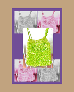 Collage of various Bead knitted bags including green, pink, and gray.