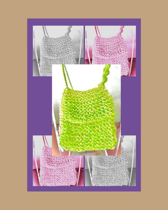 Collage of various Bead knitted bags including green, pink, and gray.