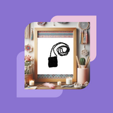 A promotional image for an online bead knitting workshop, featuring a completed beaded bag necklace in black, displayed in a frame, surrounded by various decorative items on a purple background.