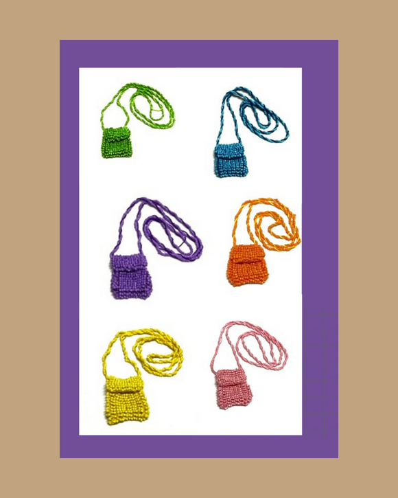 Colorful knitted beaded bag necklaces on a white background with a purple border.