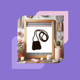 A promotional image for an online bead knitting workshop, featuring a completed beaded bag necklace in chocolate brown, displayed in a frame, surrounded by various decorative items on a purple background.