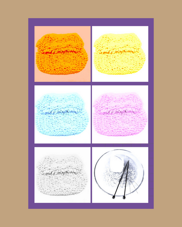 Grid of colorful mini clutches and knitting tools on a beige background