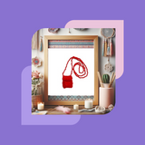 A promotional image for an online bead knitting workshop, featuring a completed beaded bag necklace in red, displayed in a frame, surrounded by various decorative items on a purple background.