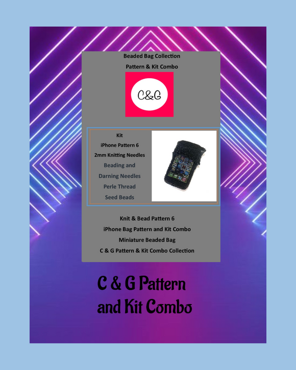 C & G Pattern and Kit Combo with a bead knitted iPhone phone kit on a gradient background