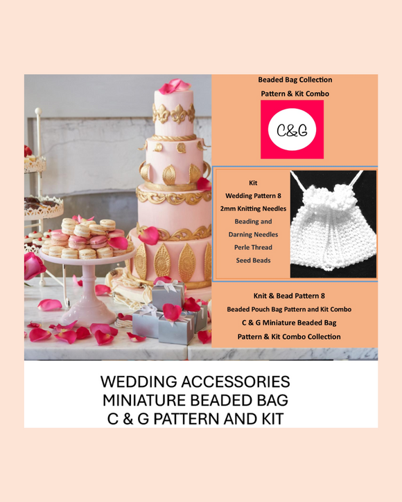 Beaded bag collection with wedding-themed items to make your own wedding favors and C&G branding.