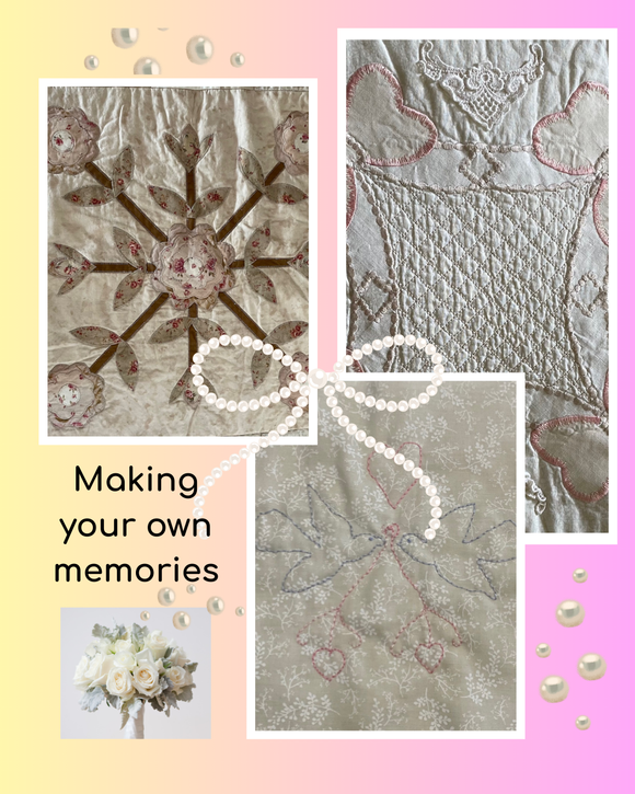 Collage of embroidered patterns with text 'Making your own memories' on a colorful background.