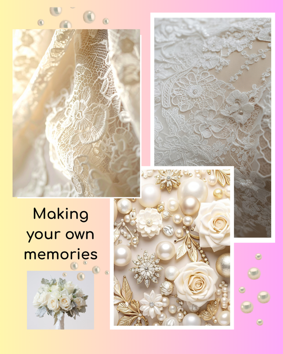 Collage of lace patterns, pearls, and flowers with text 'Making your own memories' on a pink and yellow gradient background.