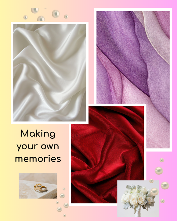 Collage of fabric swatches in white, purple, and red with text 'Making your own memories' on a pink background.