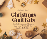 Promotional image for Christmas craft kits with decorative items on a beige background Advertising Charlotte and Grace's Christmas Craft Kits advising to unwind, create and discover your inner artist with our creative craft kits