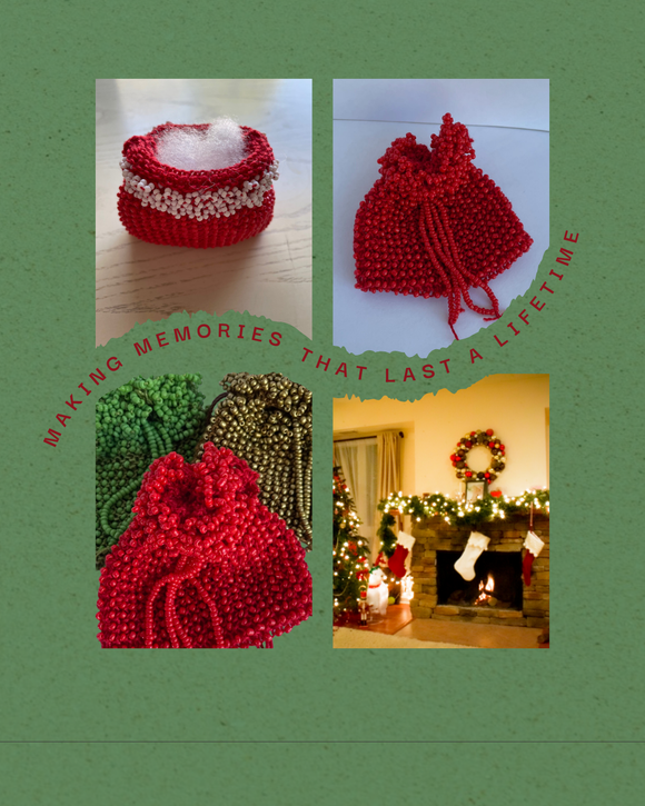 Collage of red beaded items and a festive indoor scene with Christmas decorations.