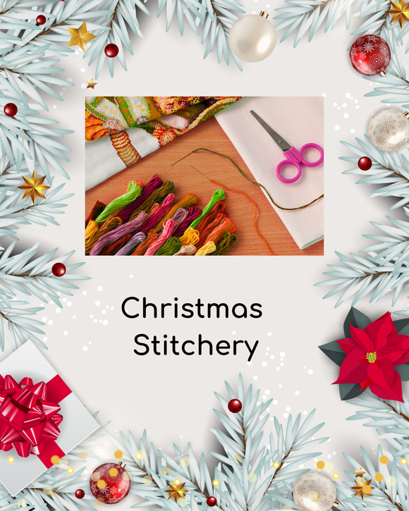 Christmas-themed stitchery project with materials and tools on a white background.