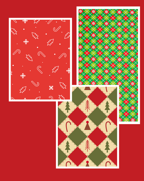 Set of three Christmas-themed material patterns on a red background