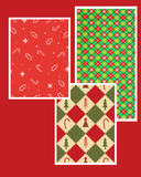 Set of three Christmas-themed material patterns on a red background