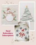 Collage of hand embroidery patterns including a snowman, Christmas tree, and festive designs on a light pink background.