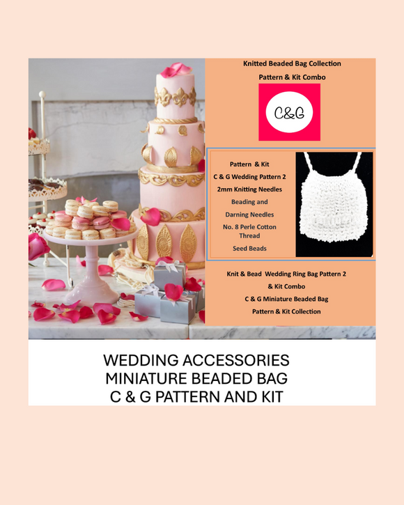 Wedding-themed product set with cake and decorations, featuring C&G pattern and kit packaging.