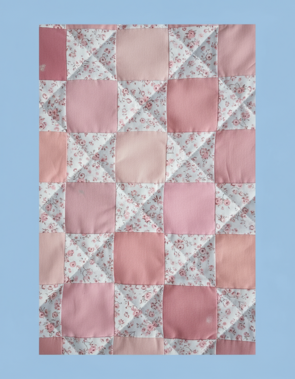 Patchwork quilt with a geometric pattern on a light pink background