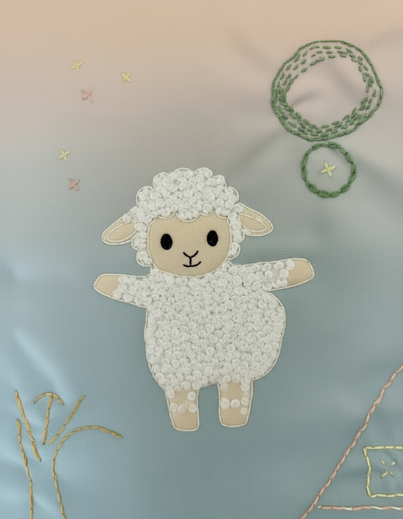 Embroidery design of a sheep on fabric with a gradient background