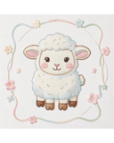 Cross-stitched design of a cute cartoon lamb surrounded by flowers on a white background