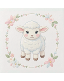 Cross-stitched design of a lamb surrounded by flowers on a white background