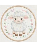 Cross-stitched sheep design in an embroidery hoop with flowers and leaves.