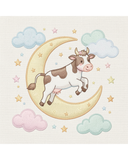 Cow on a crescent moon with clouds and stars in pastel colors
