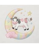 Cartoon cow on a colorful crescent moon with stars and clouds