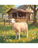 Sheep standing in a field with a wooden cabin in the background