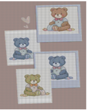 Set of cross-stitched teddy bear patterns on a brown background