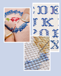 Collage of cross-stitching process with needle, fabric, and pattern.