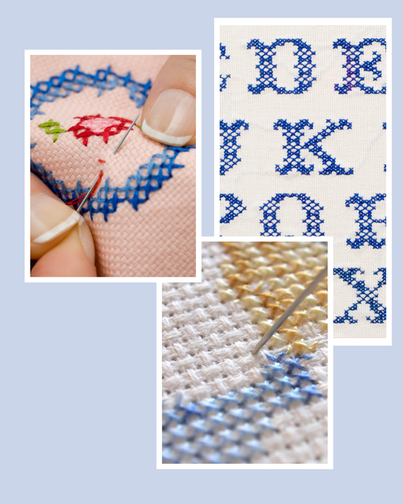 Collage of cross-stitching process with needle, fabric, and pattern.