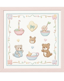 Cross-stitched design with teddy bears and baby items on a white background