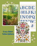 Promotional graphic for cross stitch subscriptions with nature scene and floral patterns.
